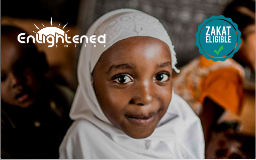 A child smiling with the text 'Enlightened Smiles' and 'ZAKAT ELIGIBLE' on the image